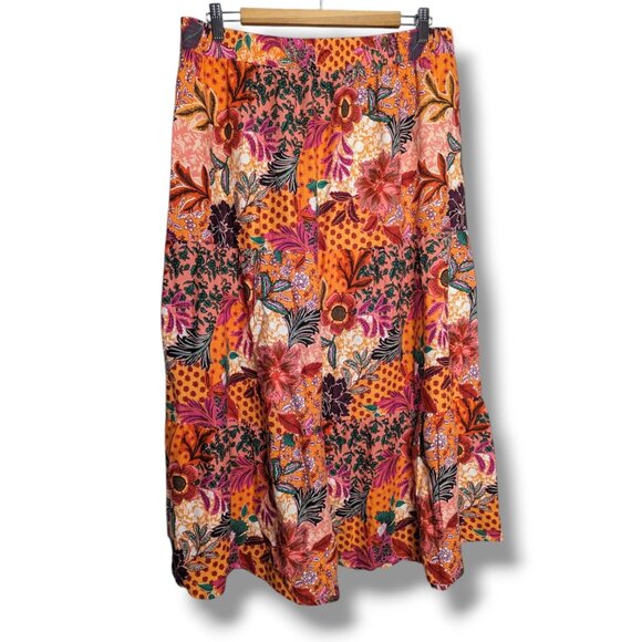 Loft Maxi Skirt Tiered Slit Tropical Floral Pattern Linen Blend Pull On Large - Picture 1 of 6